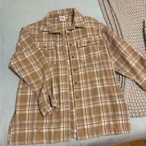 Princess Polly Tan Flannel with white and blue stripes